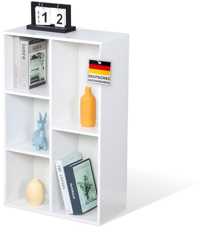 Floordirekt Bücherregal, Regal weiß mit 5 Fächern, Würfelregal, 24T x 50B x 80H cm, Raumteiler für Kinderzimmer, Wohnzimmer, Büro und Schlafzimmer (Arkansas)