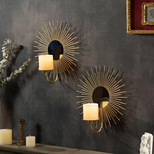 AIM & GGKK Wall Candle Sconce Holder,Set of 2 Mirror Wall Mounted Metal Candle Holder for Home,Living Room, Dining Room,Rustic Farmhouse Boho Decorations