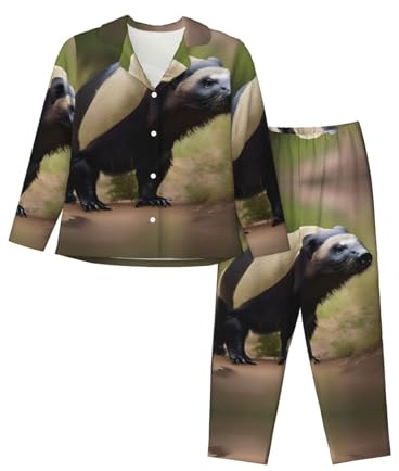 EdWal Set pigiama da donna con stampa di tasso miele carino set pigiama alla moda camicia a maniche lunghe e pantaloni a lunghezza intera, Nero , XXL
