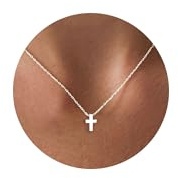 PRTGL Silver Cross Necklace: Dainty 14k White Gold Plated Small Cross Pendant Christian Faith Necklace for Women