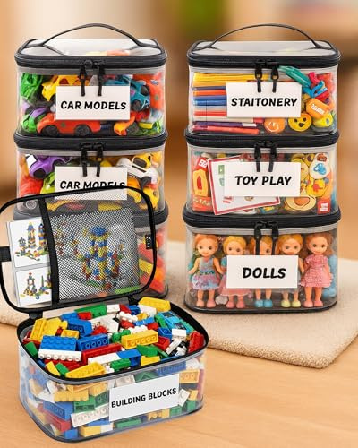 6 Pack Extra Large Clear Toy Storage Bags with Tag & Pocket – Versatile Waterproof Organizer Bags for Lego Bricks, Board Games, Building Blocks, Puzzles, Dolls, Books (Black-M Size-6 Pack)