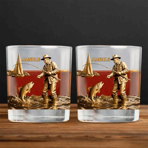 Bicchiere da whisky personalizzato da pesca con nome personalizzato pescatore nome bicchiere da whisky effetto 3D spigola pesce bere bicchieri regalo per uomini, papà, nonno, fratello, festa del papà