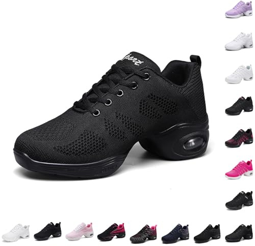 Chaussures de Danse Femme Chaussures de Jazz Moderne Dance Chaussure d'entraînement à Lacets Maille de Coussin d'air Fitness Femme Sneakers Marche Sportive (Black, 41)