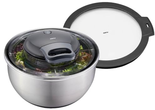 GEFU Salatschleuder PULLIT mit Edelstahlschüssel 4,5 l - Servierschale | Edelstahl-Salattrockner mit Seilzug-Antrieb, Stoppknopf, Silikonboden & Frischhaltedeckel - spülmaschinengeeignet