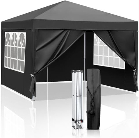 LEADZM 3x3m Tonnelle de Jardin Pliable Pop-up Barnum Ventilation Gris foncé | Stable, Imperméable, Coupe-Vent, Réglable en Hauteur，Protection UV 50+, avec 4 Panneaux Latéraux et 4 Sacs de Sable,