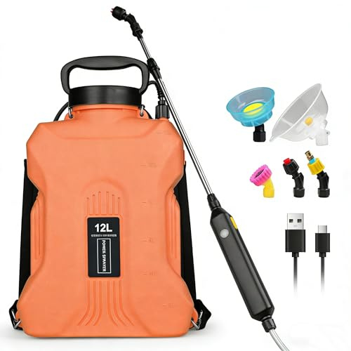 Qdreclod 12L Drucksprüher Elektrisch, Akku Gartenspritze mit Hochdruckpumpe, 2000mAh USB-Aufladbar, 4 Düsen & Teleskopstab für Garten, Rasen, Hecken, Unkrautvernichtung, Bewässerung (Orange)