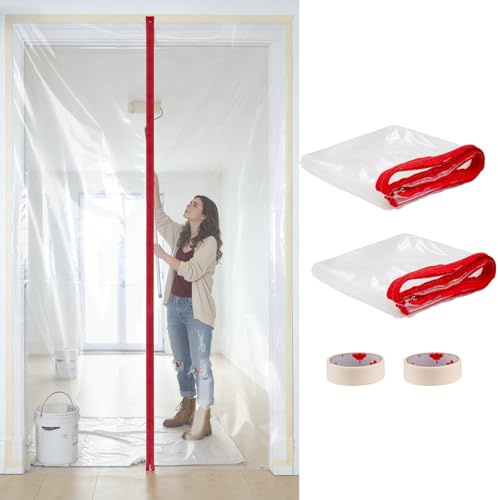 Dust Barrier Plastic Zipper Door, 2-Pack Construction Door Cover with Zipper, 4 ft x 7.2 ft, for Home Remodeling, Painting & Drywall Work, Easy Install & Removal