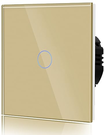 BSEED Touch Lichtschalter aus Glas, Modern Schalter Unterputz, Wandschalter mit LED Hinterlicht (Kein Neutralleiter erforderlich), KEIN WLAN, 86mm 1 Fach 1 Weg Gold