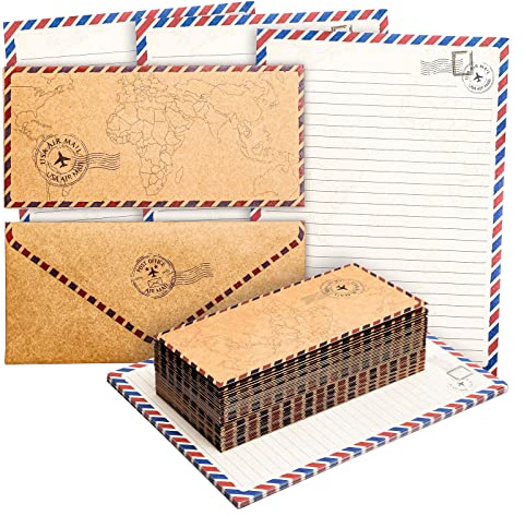 48 Pack Letter Writing Stationary Paper and Envelopes Set, Vintage Travel Design (6.9 x 9.25 In)