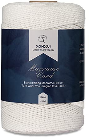 KOHMUI Baumwollgarn Makramee Garn 3mm x 400m, Natur Baumwollkordel Makramee Kordel für Blumenampel Makramee Wandbehang, Garn für DIY Handwerk, Hängepflanze, Weben Dekoration, Pflanze Aufhänger Deko