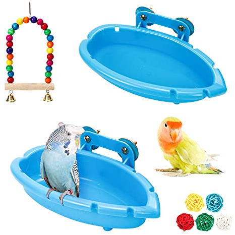 suruikei 2 Stück Vogelbadewanne für Käfig, Wellensittich Badewanne Vogel Dusche, Vogelkäfig Badewanne Zubehör mit Wellensittich Schaukel Und Rattan Bälle für Wellensittich Nymphensittich Sittich Fink