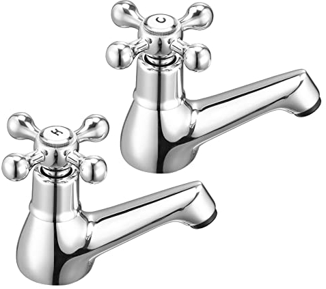 Wasserrhythm Basin Pillar Taps Pair Twin Bathroom Sink Taps Victorian Traditional Chrome Brass Cross Lever Two Wash Basin Tap Hot and Cold Taps Separate 2 Holes
