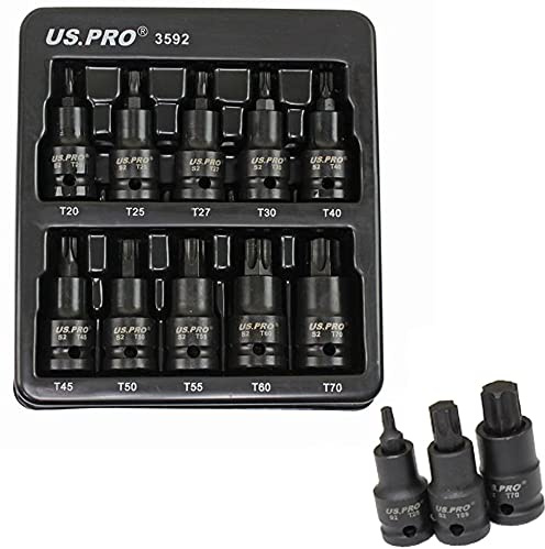 US Pro 10pc Impact Torx Socket Bit Set 1/2'' Drive T20 to T70 Star TRX