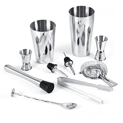 Set cocktail shaker da 10 pezzi, kit barman in acciaio inossidabile con misurino, pinze, cucchiaio per mescolare, tritaghiaccio, colino per ghiaccio da bar