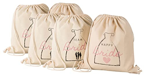 FremiBag Happy Bride & Team Bride Stoffbeutel Set - Turnbeutel für den JGA Junggesellinnenabschied aus Baumwolle