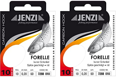 Spar-Set: 2 Packungen JENZI gebundene Forellenhaken (20 Stück) r Mono, 60cm Hakengröße 4, 6, 8, 10 & 12 je nach Auswahl + gratis Petri Heill! Aufkleber