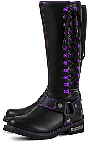 Dream Apparel Women's Harness Motorcycle Riding Boots for Biker, Square Toe Lace Up Knee High Boots with Side Zipper, Black PU Leather Footwear Ladies, Size 10