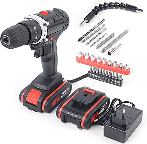 RibasuBB Taladro de percusión eléctrico, 25 marchas ajustables, atornillador inalámbrico, 2 velocidades, trinquete, llave de impacto con luz LED, 2 baterías