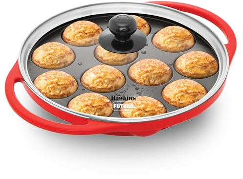 HAWKINS Futura Pan-NAPE26G Appe, Non Stick Glass Lid, Paniyarakkal Ceramic, Litti, Kuzhi Paniyaram, Ponganalu Pan, 26 cm, Red