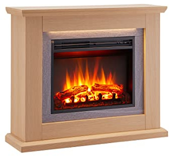 FLAMME 39 Freestanding Electric Fireplace Suite, Evora, Natural Oak | With 1kW-2kW Fireplace Heater, 4 Dimmable LED Flame Options and Warm White Mood Lighting, Remote Control, Custom Timer
