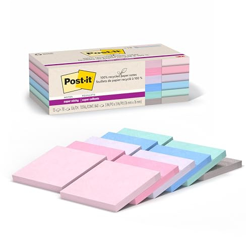 Post-it 100% Recycled Paper Super Sticky Notes, 3 in. x 3 in., 12 Pads, 70 Sheets per Pad, Wanderlust Pastels, School Supplies and Office Products