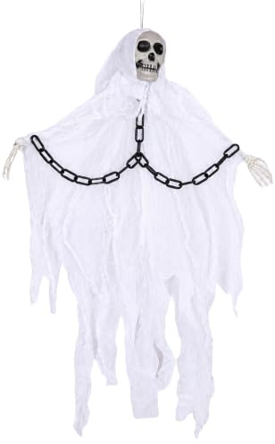 90cm White Hanging Ghost Skeleton with Chains, Halloween Party Decorations | Skull Face, Chained Arms, Hanging Hook & Draped Fabric, for Halloween Parties, Haunted House Scenes, Doorways & Window Decor