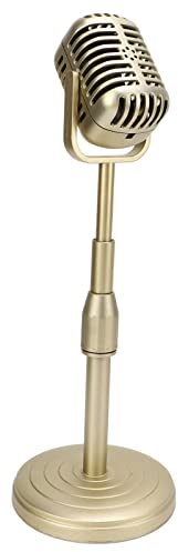 Vintage Microphone Prop Model with Adjustable Stand, Old Fashioned Desktop Microphone Prop Decor for Party Decoration, Costume Role Play (Gold)