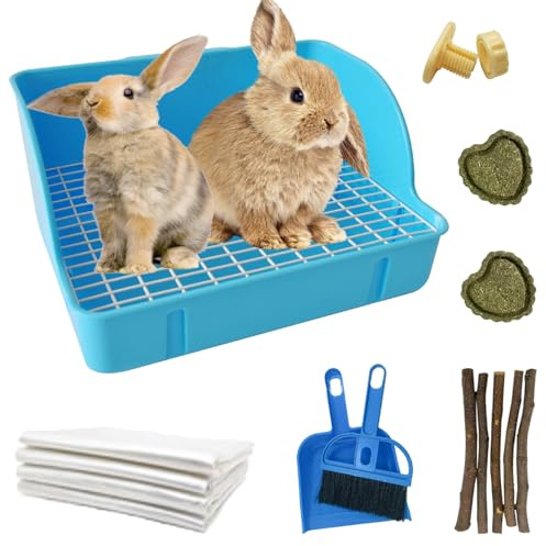 MUYG 10Pcs Rabbit Litter Box Toilet,Bunny Plastic Square Cage Toilet with Grate Rabbit Corner Litter Bedding Small Animal Potty Training Box Pet Poop Pan for Bunny Guinea Pig Ferret Chinchilla(Blue)