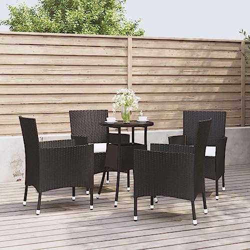 Homgoday Bistro-Set für den Garten, 5-teilig, mit Kissen aus schwarzem Polyrattan, Gartenmöbel-Set, Tisch und Gartenstühle, Gartenmöbel-Set