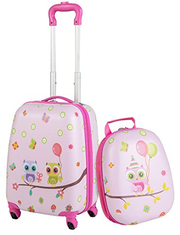 GOPLUS Kinderkoffer mit Rucksack, Kids Trolley, Kindergepäck mit Rollen, Reisekoffer mit Teleskopgriff, Hartschalenkoffer für Kinder, Kindertrolley Farbwahl (Rosa Eule, 12+16)