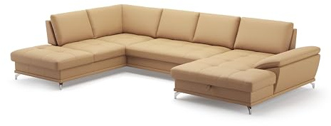 Cavadore Wohnlandschaft Castiel mit Federkern / Sofalandschaft mit großem Longchair, Sitztiefenverstellung und satinierten Metallfüßen / 363 x 89 x 223 / Echtleder, Beige