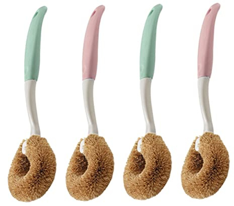 minkissy Natural Coconut Fiber Household Pot Cleaning Brush Long Wooden Handle, Non-Stick Oil Pan Cleaning Tools for Kitchen Dish-Washing, 4pcs Set (2 Pink 2 Green)