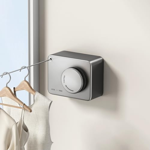 MUSTORN Retractable Clothesline Indoor, Non-Sagging Outdoor Clothes Line Retracting Heavy Duty Clothes Drying Laundry Line Wall Mounted Stainless Steel Line-13.8 Feets(Gray)