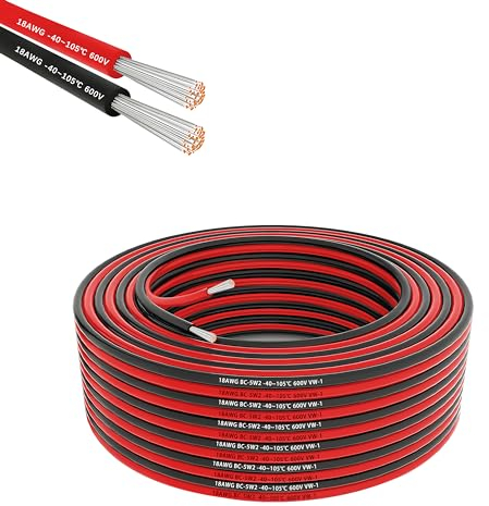 Cavo elettrico 18AWG 0,75mm² 2×10M, cavo flessibile rosso nero, cavo in rame stagnato senza ossigeno resistente ad alta temperatura 600V per batteria auto, lampada a LED, pannello solare (18/2-10M).