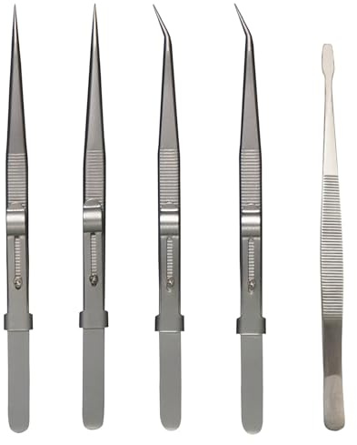 Grteark 5Pcs Precision Tweezers Set, Flat/Pointed/Curved Angled Locking Long Tweezers for Crafts, Medical Surgical, Lab, Soldering, Jewelry Crafting, Watch & Electronics/Car Repair,Splinter Removal
