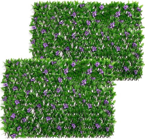 Siepe Artificiale Con Fiori,Siepe Finta Per Recinzione,Recinzione Siepe Artificiale Estensibile 200 X 40 Cm,Griglia A Foglia D'Edera Con Foglie E Fiori, Per Pareti Decorazione Di Sfondo Muro Verde