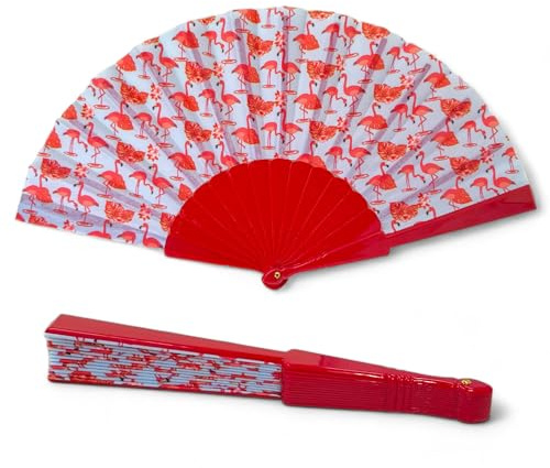 MIJOMA Faltbarer Handfächer - Ultraleicht, Wasserabweisend für Sommerparty & Hochzeit, Farbenfrohes Design, 42x23cm (Flamingo Rot)