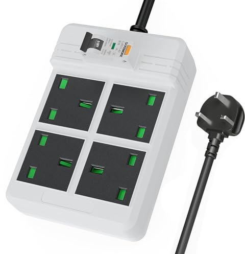 Heavy duty extension lead GFCI Surge Protection, SAFEMORE RCD extension lead 13A With 3m Heavy duty Cable, 4 Gang 3250W, Plug Power Strip for Workshop/Garage/indoor - White