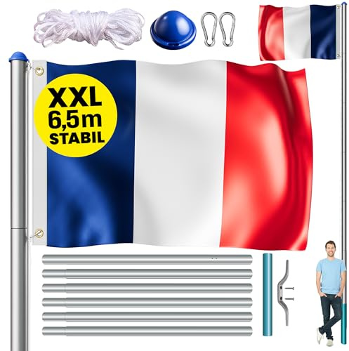 MONZANA® Mât de Drapeau Télescopique en Aluminium 6,5m - Cordelette de Hissage avec Douille de Sol, Réglable en Hauteur pour Jardin France
