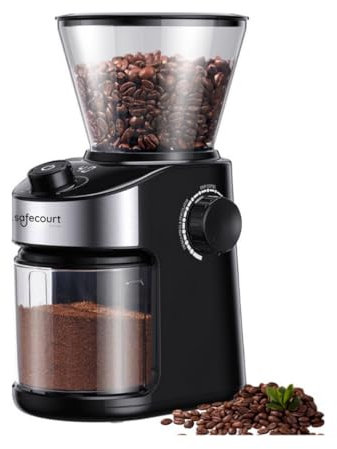 Safecourt Kaffeemühle Elektrisch – Kegelmahlwerk, 25 Mahlgrade von fein bis grob, 200g Bohnenbehälter, Timer, Mengenwahl für 2–14 Tassen – Coffee Grinder für Espresso, Filterkaffee & French Press