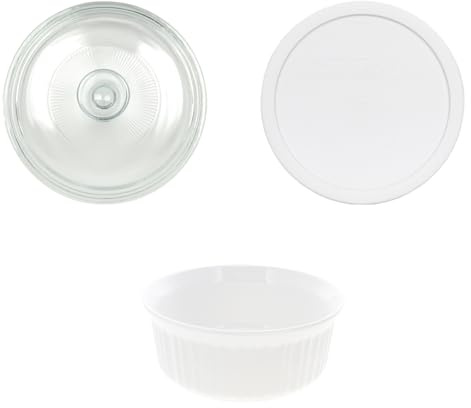 CorningWare FS5 1.5 qt / 1.4 L Round French White Casserole Dish, G-5C Clear 1.5 qt Fluted Glass Lid and F-5-PC 1.5qt French White Lid