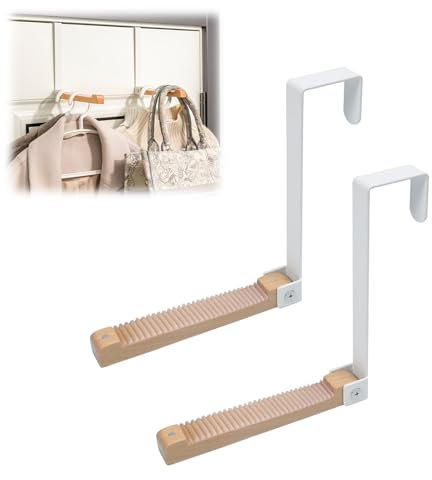 Recitem Faltbarer Türhaken Kleiderhaken, 2er-Pack Türhaken zum Einhängen, Schwarz Metall & Holz für 4,5 cm Tür, keine Bohrung, perfekte Türgarderobe für Kleidung und Handtücher (Weiß)