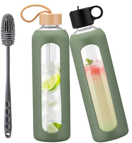 HYDRAGLAZIC 1Liter Trinkflasche aus Glas mit 2 Deckeln – Strohhalmdeckel, Bambusdeckel, Glasflasche mit Silikonhülle, Zeitmarkierung, Wasserflasche Glas für Kaltgetränke,Oliv