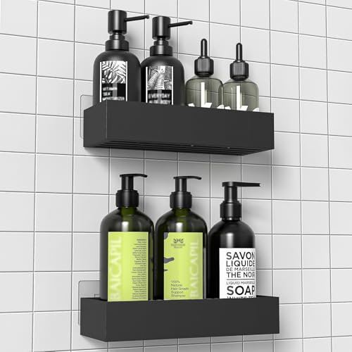 Diwoker Etagere Salle de Bain, 2 Pièces Étagère Douche sans Percage, Porte Shampoing Accessoire, Rangement Salle de Bain, Noir