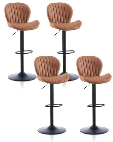 TUKAILAI Barhocker 4er Set aus Kunstleder, Barstuhl Höhenverstellbar，360°Drehbar, Hocker mit lehne,fußstütze,metallrahmen, Gepolsterter Küchenhocker Tresenhocker, Bar Chair für Küche Bars, Braun