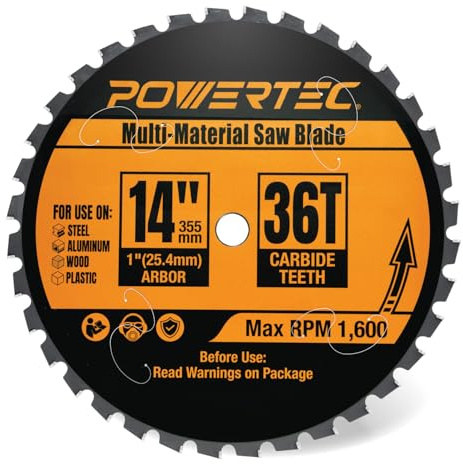 POWERTEC Multi-Material Cutting Blade - 14 inch Cold Saw Blade, 1 Arbor Metal Saw Blade, 36T TCG Cemented Carbide Teeth - Cuts Aluminum, Steel, Iron, Plastic & Wood - 1600 Max RPM - 14013