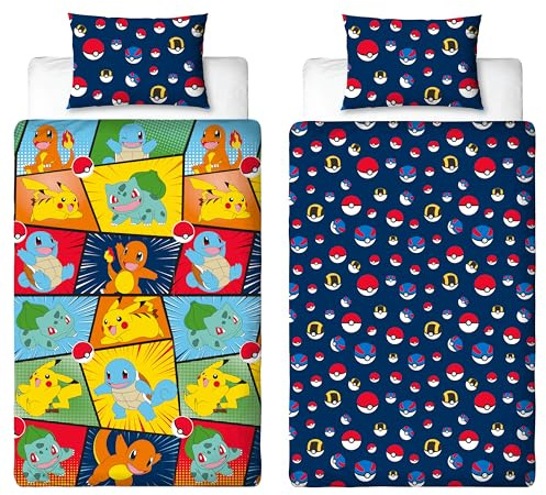Parure de lit simple Pokémon sous licence officielle pour enfants | Pikachu Bulbasaur Charmander Squirtle Parure de lit réversible double face avec taie d'oreiller assortie | Parure de lit simple pour
