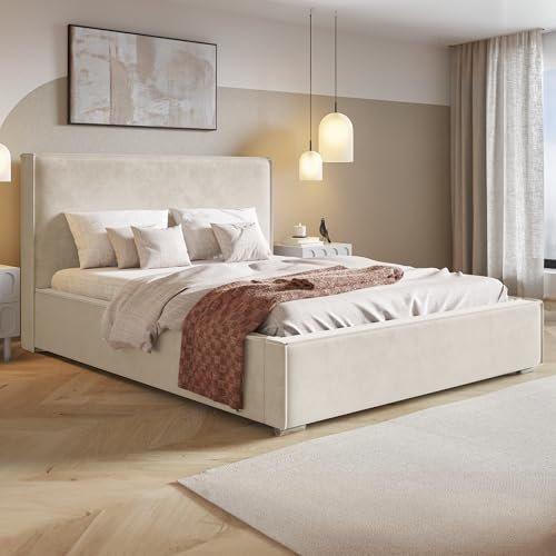 MOTIVENA Arizona Bett 200x200 Beige Samt, mit Stauraum, mit Kopfteil, mit Lattenrost, mit Füßen, ohne Matratze, Polsterbett 200x200 mit Bettkasten Beige (Creme)