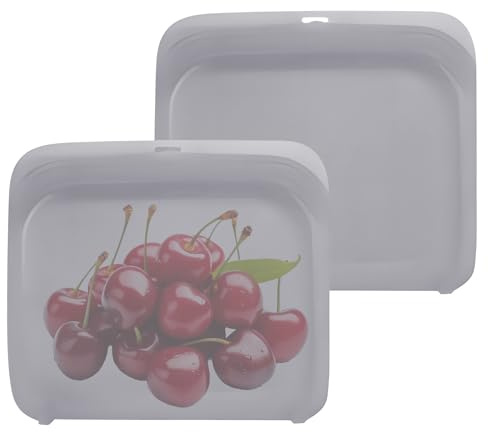 Confezione da 2 sacchetti riutilizzabili in silicone per alimenti, multiuso, per snack, contenitori da viaggio, senza BPA, senza perdite, lavabili in lavastoviglie, ecologici (grigio, 420 ml)