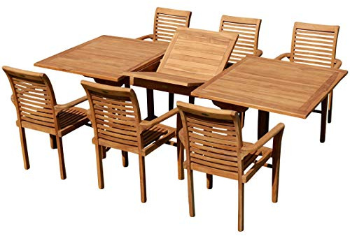 ALEOS. echt Teak Set Gartengarnitur Tobago Ausziehtisch 180-240cm x 100cm mit 6 Alpen Stapelstühle Sessel stapelbar